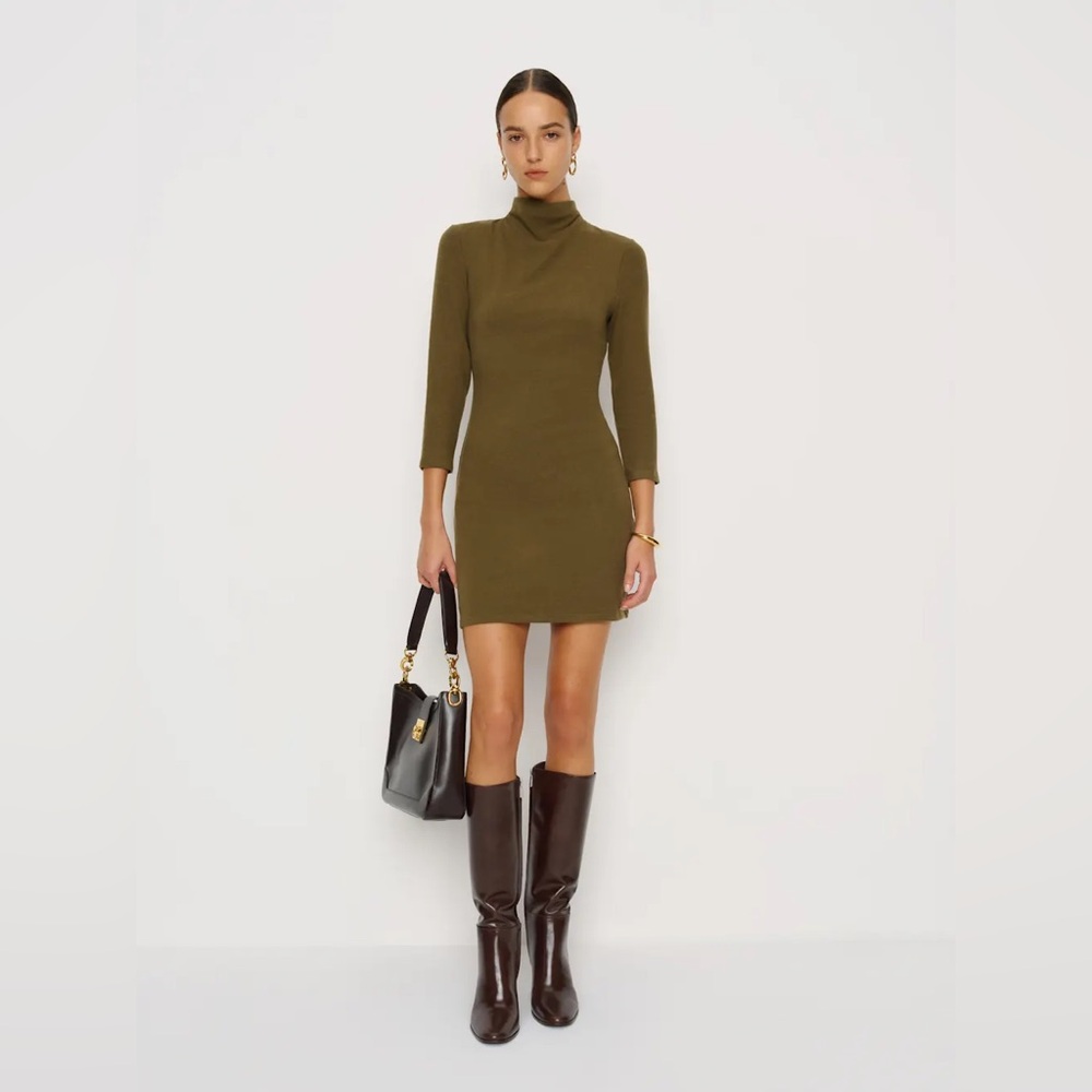 REFORMATION Camille Knit Dress Mock Neck Mini Moss Garden Size M NWT